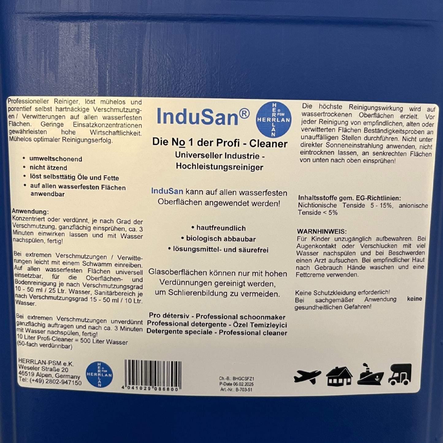 5L Hochleistungsreiniger InduSan - Reinigungskonzentrat für Auto Boot Glas Fenster 13,99 €/L
